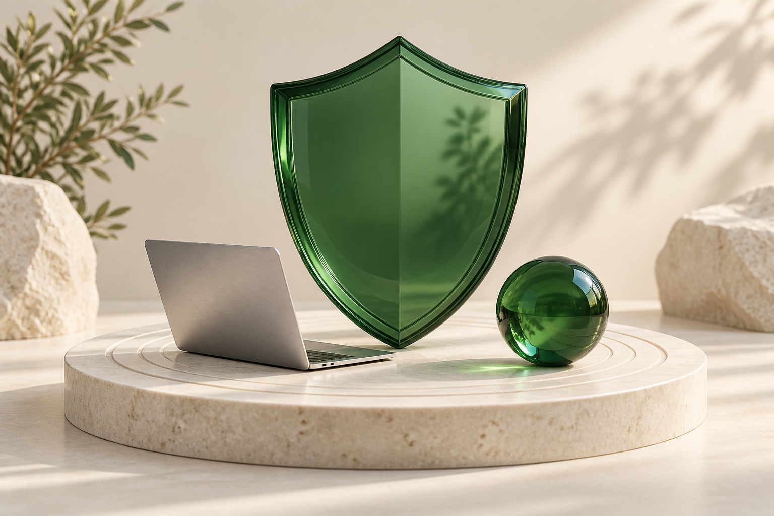 Green glass shield beside a laptop on an ivory platform