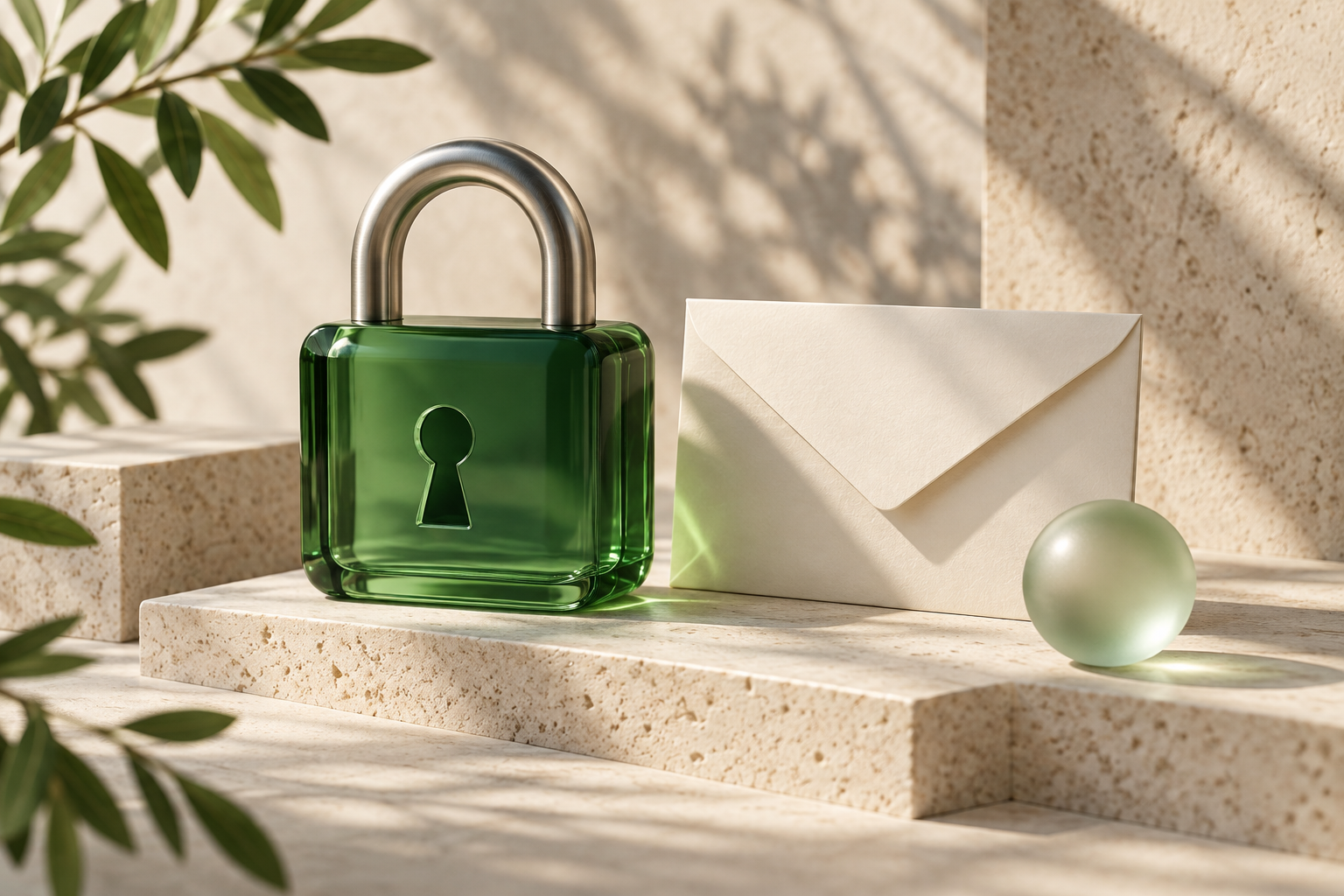 Green glass padlock and envelope representing digital privacy